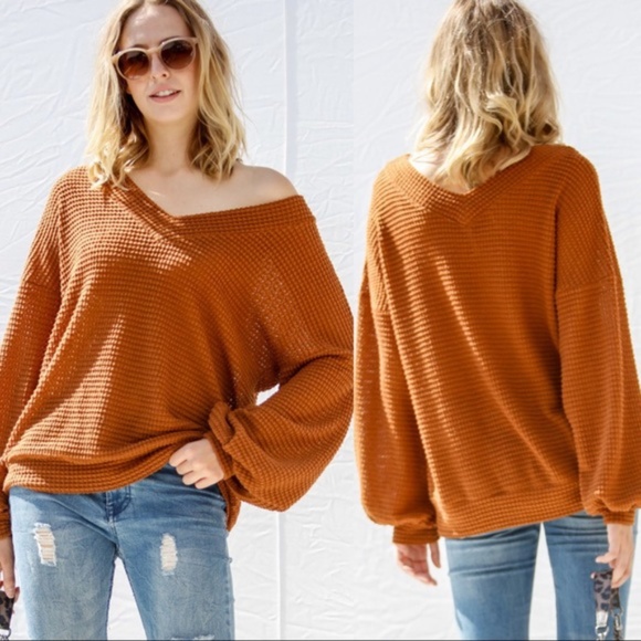 LAST ONE! Relaxing V-Neck Long Sleeve Top-Rust - Picture 2 of 3